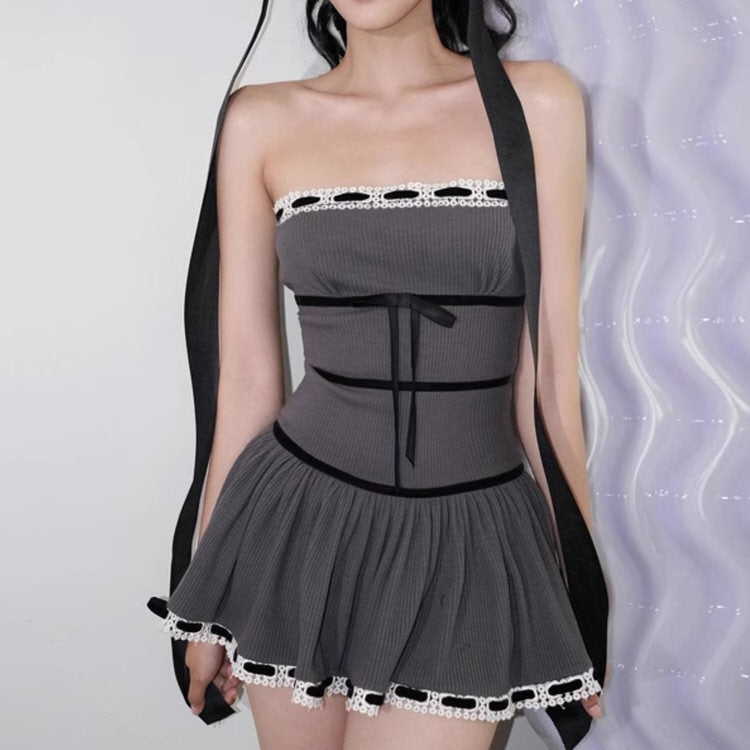 VILZSTUDIOS Stylish grey coquette dress with ribbed design and bows