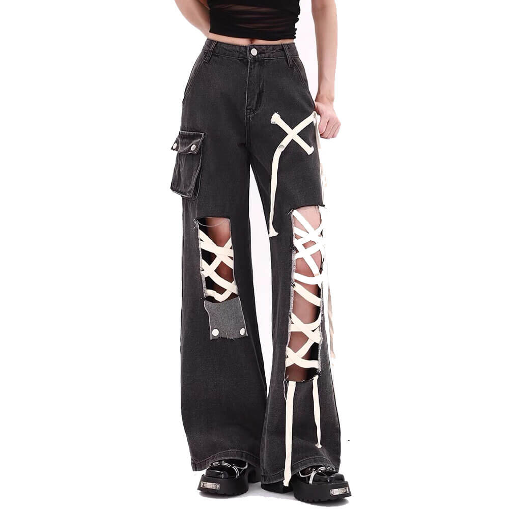 VILZSTUDIOS Wide-leg jeans with lace-up details and patch pockets