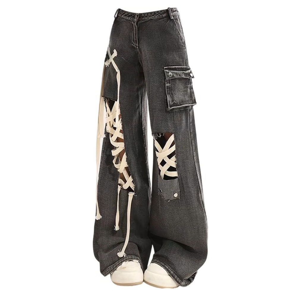 VILZSTUDIOS Wide-leg jeans with lace-up details and patch pockets