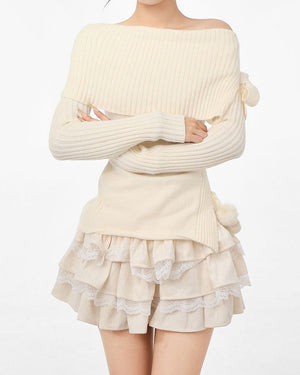 VILZSTUDIOS coquette off-shoulder ribbed sweater