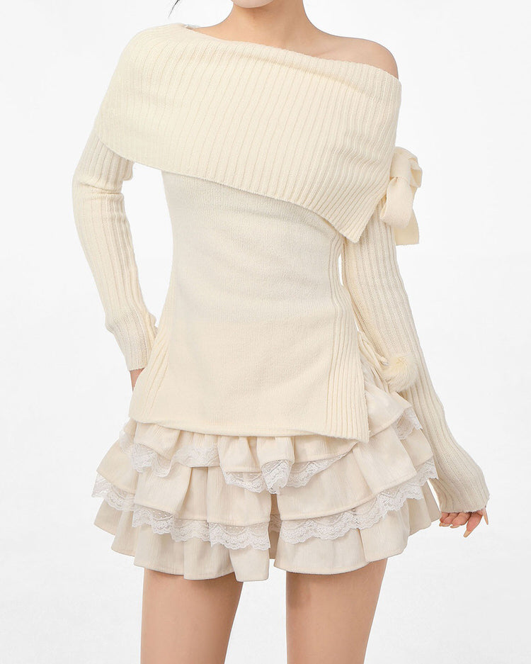 VILZSTUDIOS coquette off-shoulder ribbed sweater