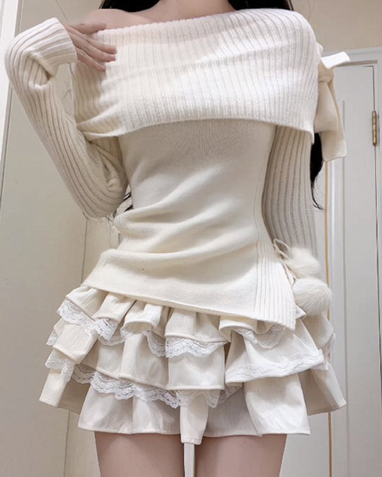 VILZSTUDIOS coquette off-shoulder ribbed sweater