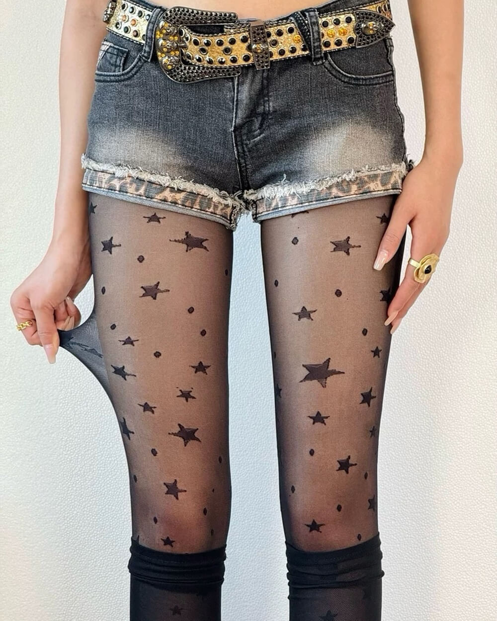 VILZSTUDIOS Star print tights in sheer black mesh fabric