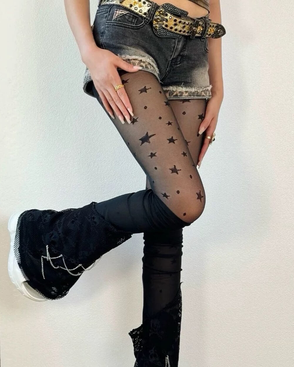 VILZSTUDIOS Star print tights in sheer black mesh fabric