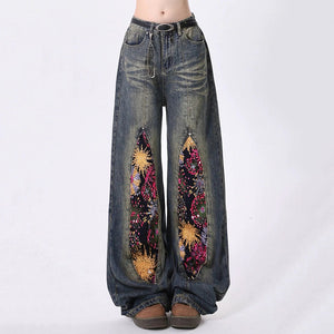 VILZSTUDIOS Wide leg jeans with space-themed patches