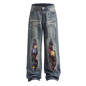 VILZSTUDIOS Wide leg jeans with space-themed patches