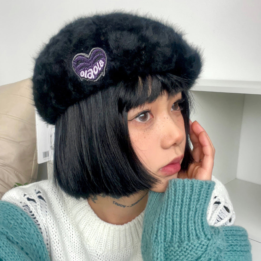 VILZSTUDIOS Fluffy beret with heart patch from VILZSTUDIOS
