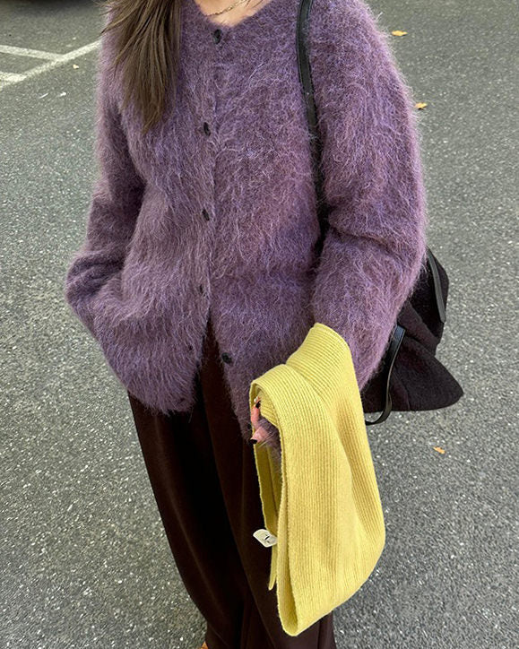VILZSTUDIOS Cozy fuzzy oversized cardigan in bold purple color