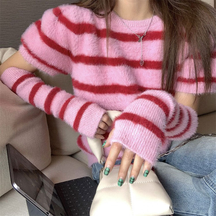 VILZSTUDIOS Cozy striped top and gloves set for stylish warmth