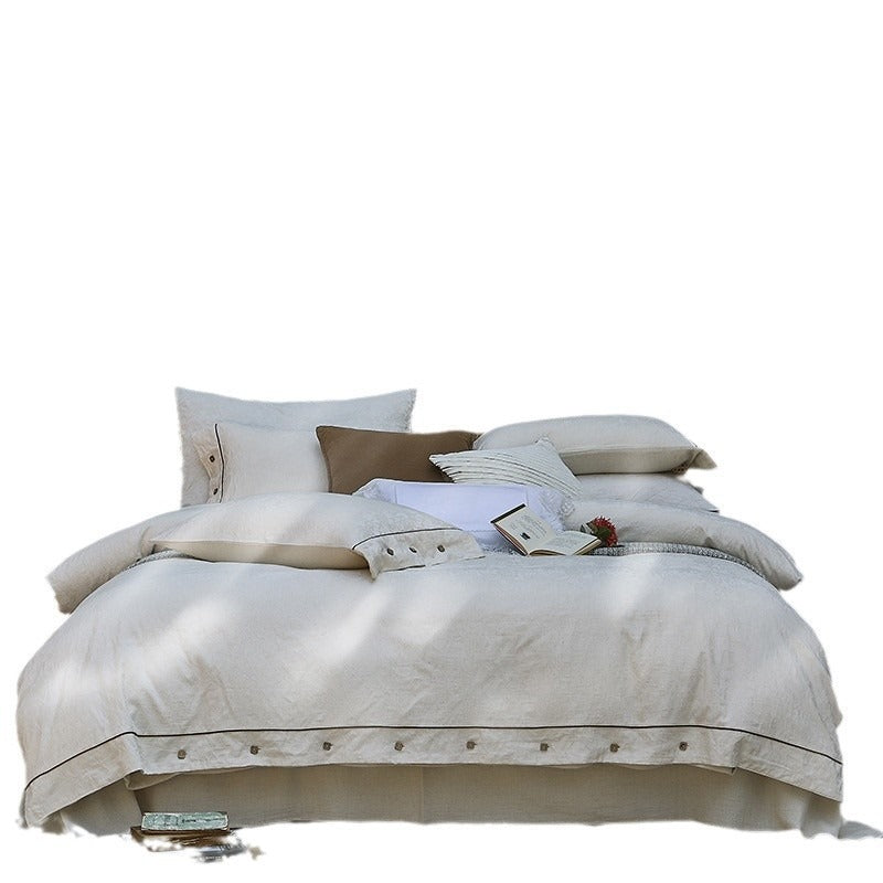 VILZSTUDIOS cream floral damask linen bedding set with dark piping and square buttons