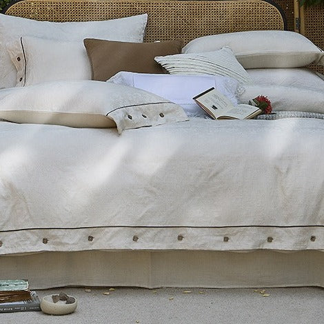 VILZSTUDIOS cream floral damask linen bedding set with dark piping and square buttons