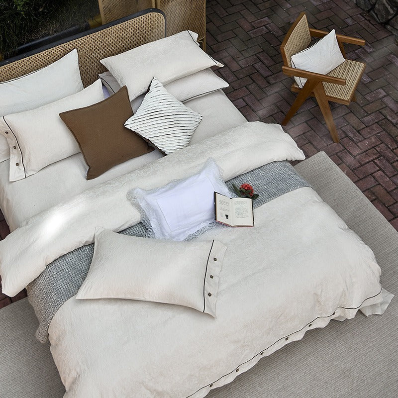 VILZSTUDIOS cream floral damask linen bedding set with dark piping and square buttons
