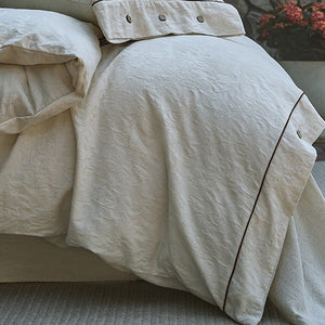 VILZSTUDIOS cream floral damask linen bedding set with dark piping and square buttons