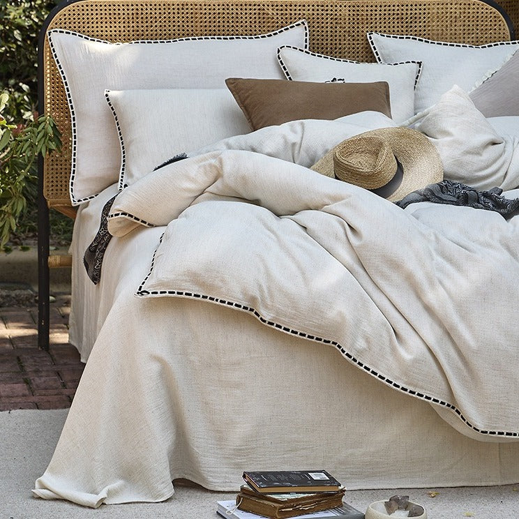 VILZSTUDIOS cream floral damask linen bedding set with dark piping and square buttons