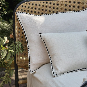 VILZSTUDIOS cream floral damask linen bedding set with dark piping and square buttons