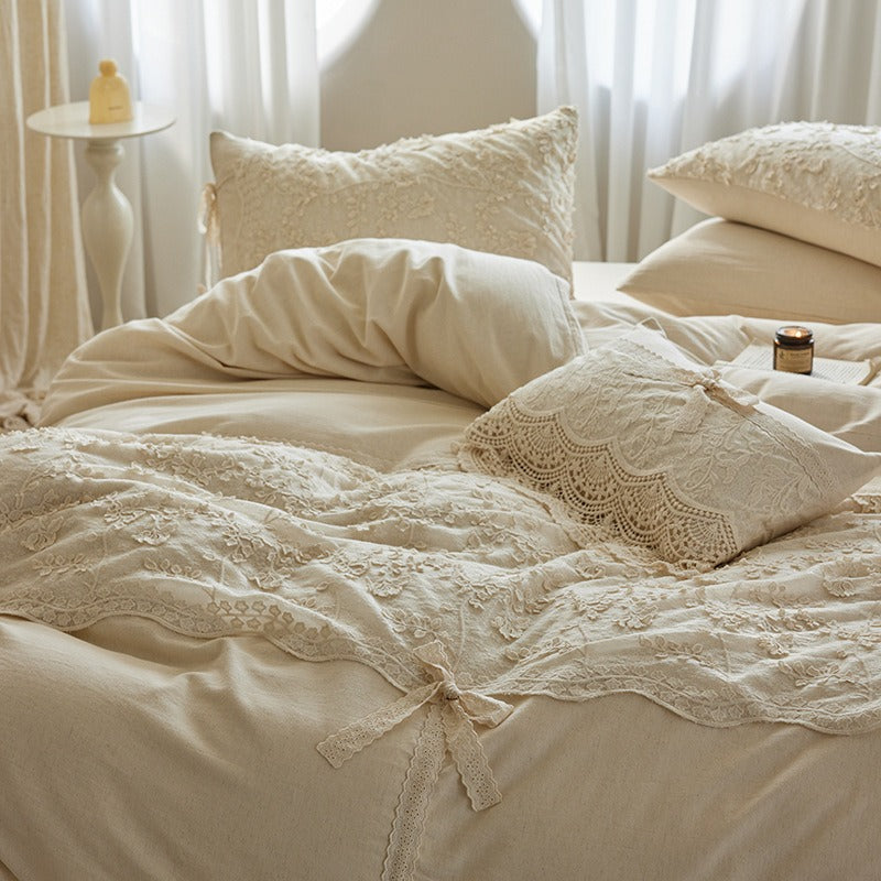 VILZSTUDIOS cream floral lace bedding set with scalloped trim and ribbon bow accents