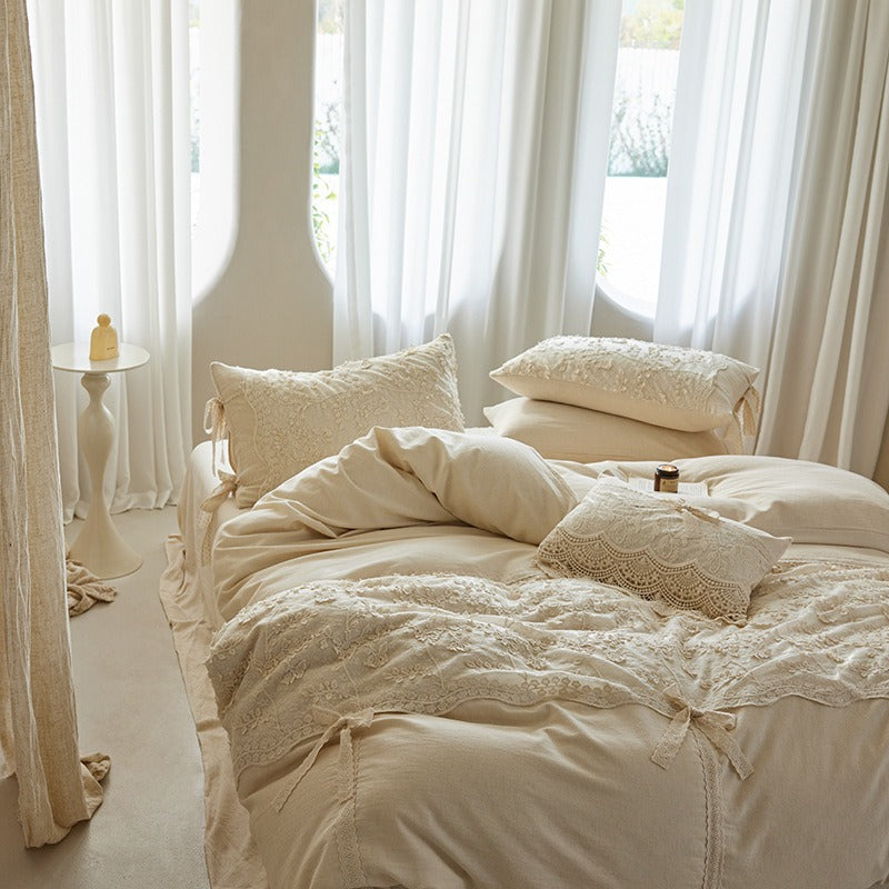 VILZSTUDIOS cream floral lace bedding set with scalloped trim and ribbon bow accents