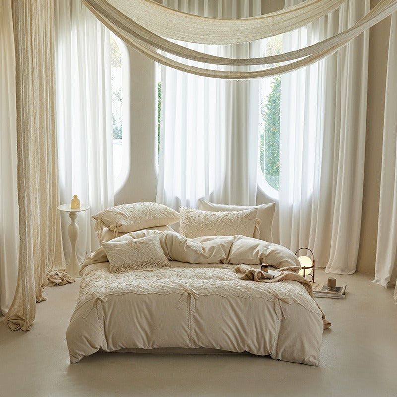 VILZSTUDIOS cream floral lace bedding set with scalloped trim and ribbon bow accents