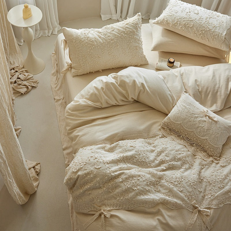VILZSTUDIOS cream floral lace bedding set with scalloped trim and ribbon bow accents