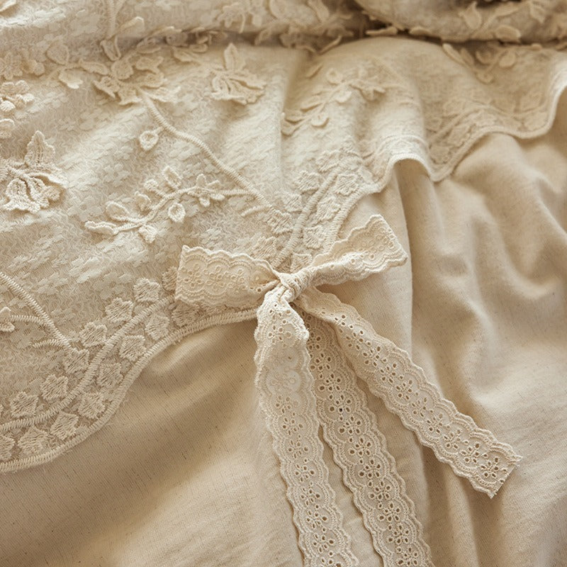VILZSTUDIOS cream floral lace bedding set with scalloped trim and ribbon bow accents