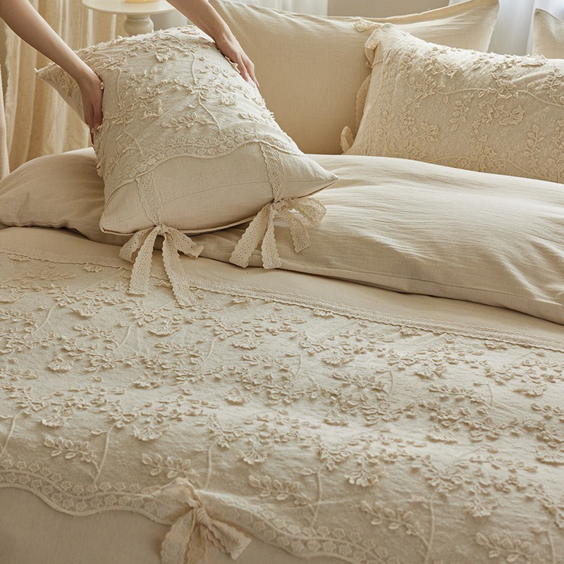VILZSTUDIOS cream floral lace bedding set with scalloped trim and ribbon bow accents