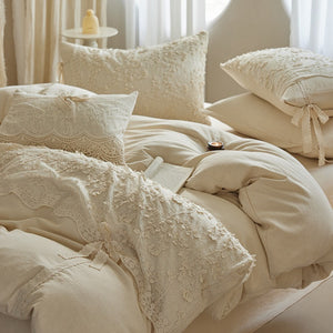 VILZSTUDIOS cream floral lace bedding set with scalloped trim and ribbon bow accents