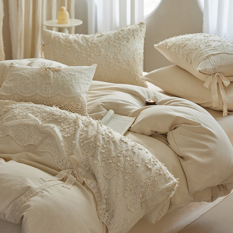 VILZSTUDIOS cream floral lace bedding set with scalloped trim and ribbon bow accents