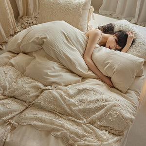 VILZSTUDIOS cream floral lace bedding set with scalloped trim and ribbon bow accents