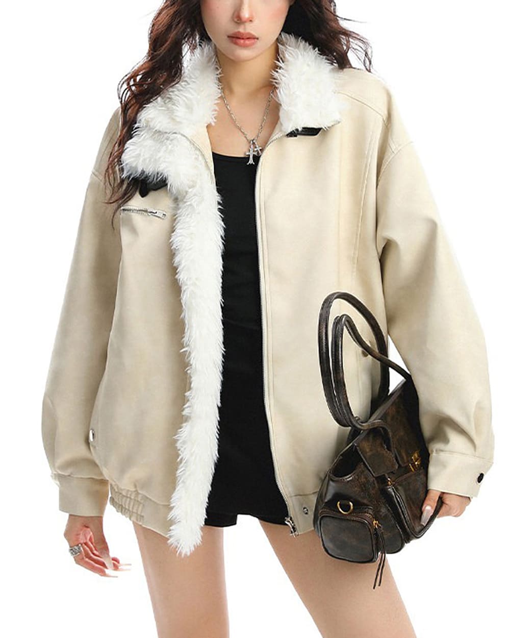 VILZSTUDIOS Stylish faux fur jacket in cream color