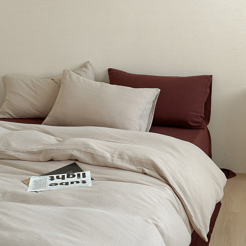 VILZSTUDIOS oatmeal and burgundy brown crinkled cotton bedding set