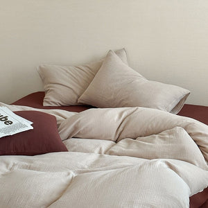 VILZSTUDIOS oatmeal and burgundy brown crinkled cotton bedding set