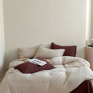 VILZSTUDIOS oatmeal and burgundy brown crinkled cotton bedding set