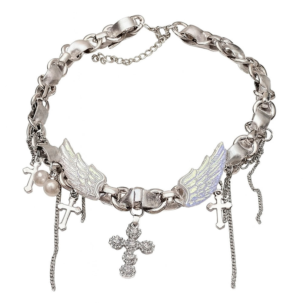 VILZSTUDIOS Layered choker necklace with cross and angel wing charms