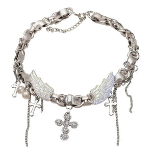 VILZSTUDIOS Layered choker necklace with cross and angel wing charms