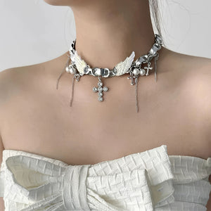 VILZSTUDIOS Layered choker necklace with cross and angel wing charms