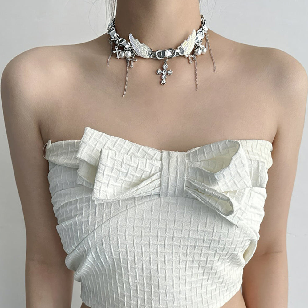 VILZSTUDIOS Layered choker necklace with cross and angel wing charms
