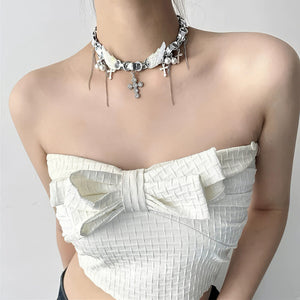 VILZSTUDIOS Layered choker necklace with cross and angel wing charms