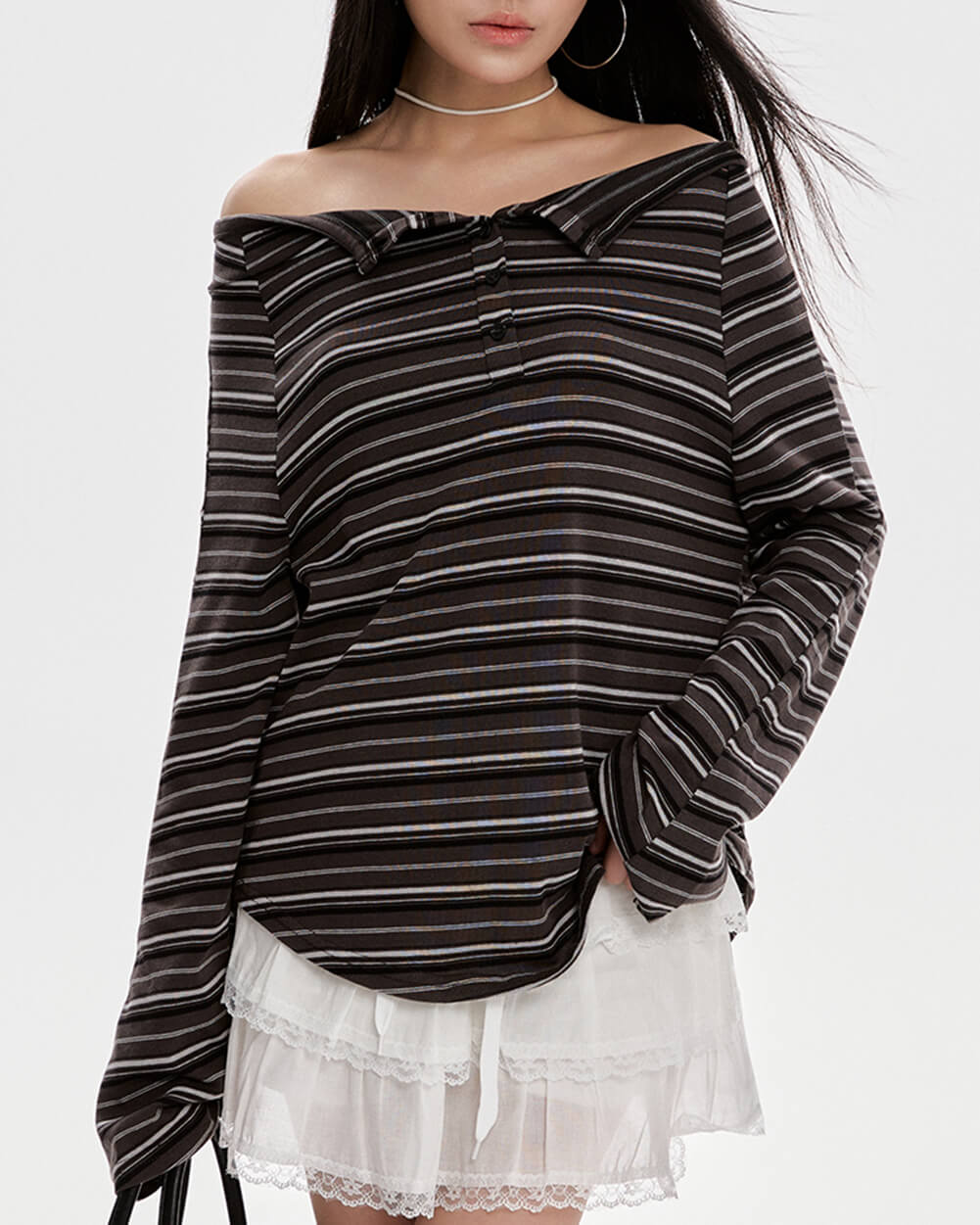 VILZSTUDIOS Stylish off-shoulder henley longsleeve for streetwear fashion