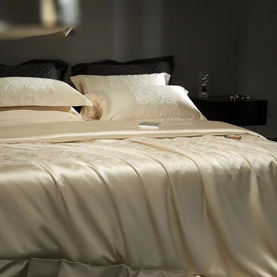 VILZSTUDIOS Champagne gold/cream, dusty rose/bronze and silver-gray satin bedding set with damask scrollwork bands and wide flange borders