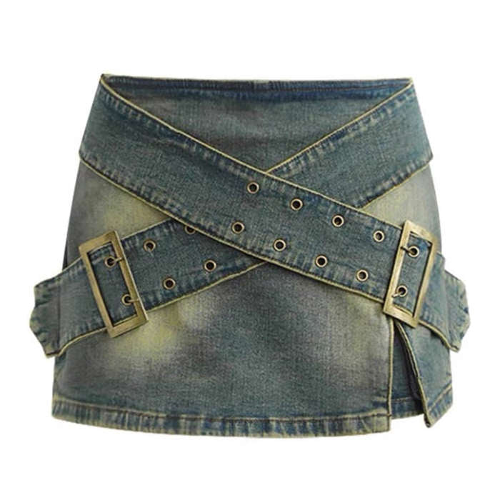 VILZSTUDIOS double buckle denim mini skirt