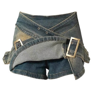VILZSTUDIOS double buckle denim mini skirt