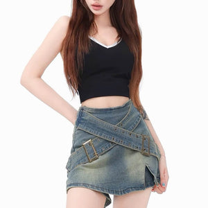 VILZSTUDIOS double buckle denim mini skirt