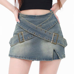 VILZSTUDIOS double buckle denim mini skirt