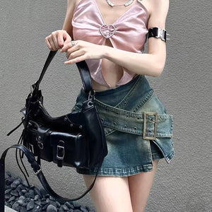 VILZSTUDIOS double buckle denim mini skirt