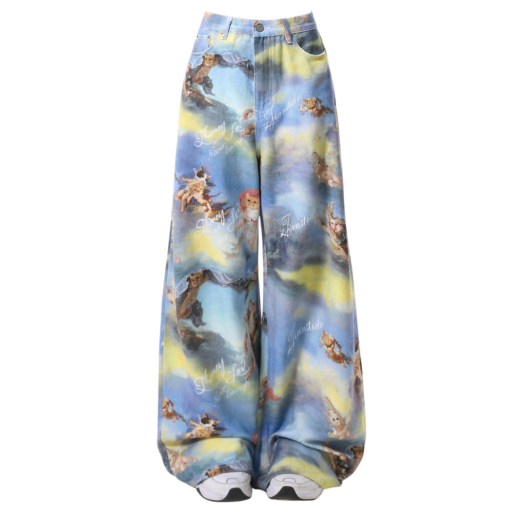 VILZSTUDIOS Wide-leg pants with sky print and angel cat design