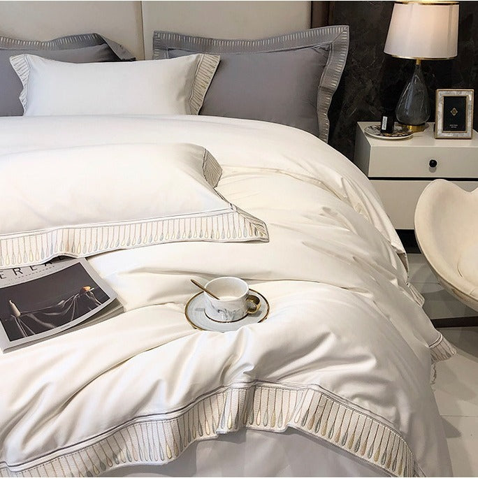 VILZSTUDIOS ivory and grey duvet cover set with gold and beige droplet embroidered borders