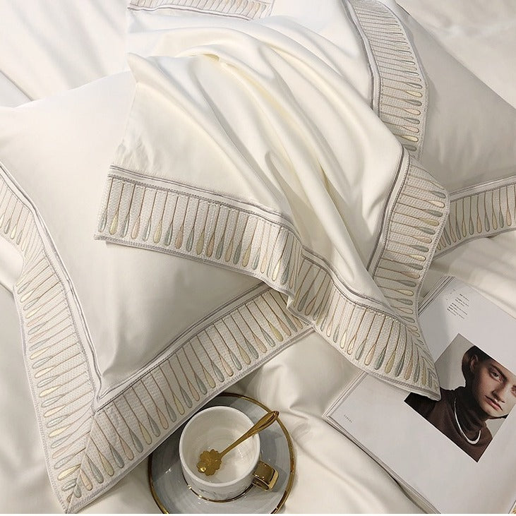 VILZSTUDIOS ivory and grey duvet cover set with gold and beige droplet embroidered borders