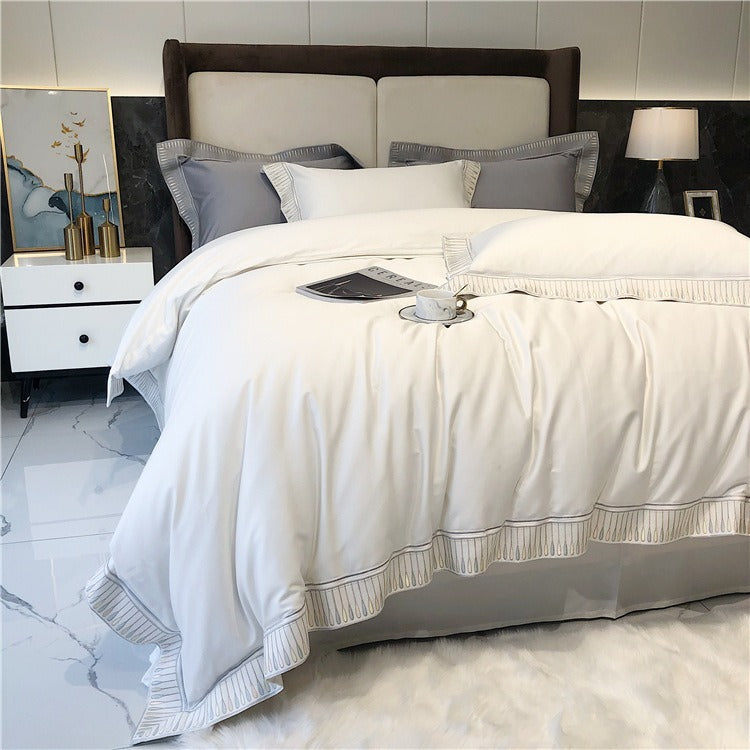 VILZSTUDIOS ivory and grey duvet cover set with gold and beige droplet embroidered borders