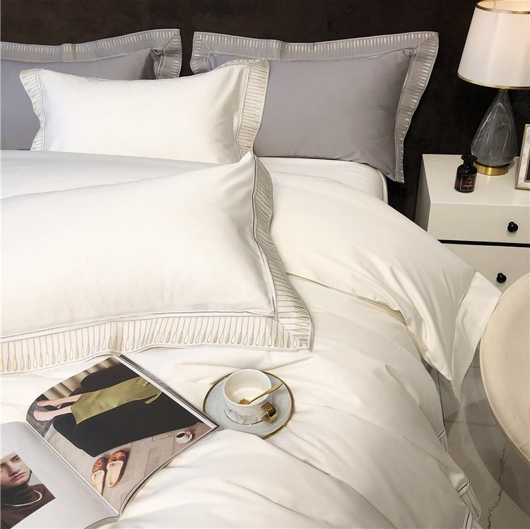 VILZSTUDIOS ivory and grey duvet cover set with gold and beige droplet embroidered borders