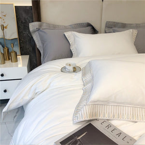 VILZSTUDIOS ivory and grey duvet cover set with gold and beige droplet embroidered borders